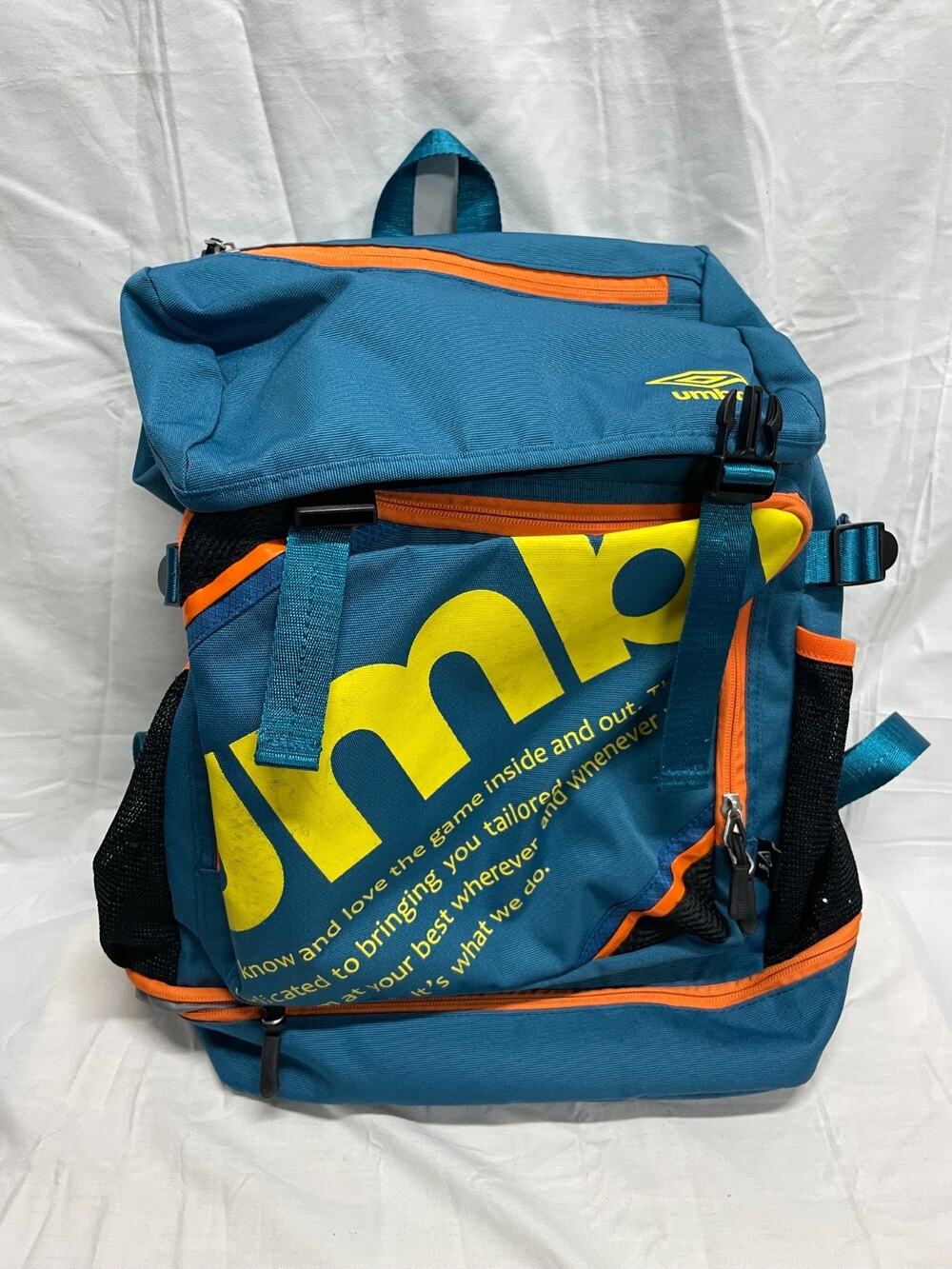 Umbro Backpack With Vibrant Blue Design, Yellow Branding, Orange Accents 18x12x5